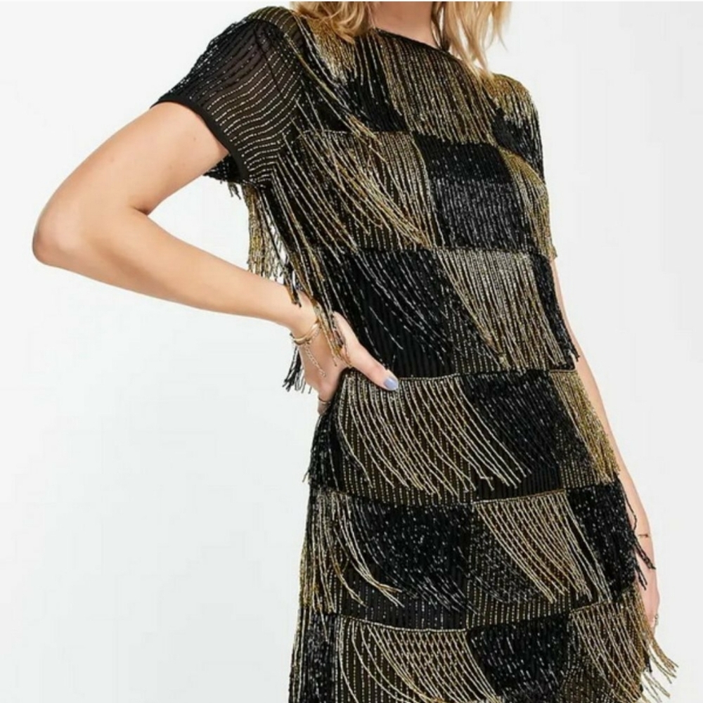 ASOS DESIGN embellished paneled shift dress beaded fringe in black & gold 4 - Picture 1 of 9